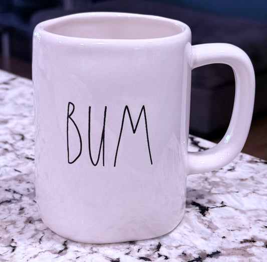 Rae Dunn white ceramic coffee mug BUM