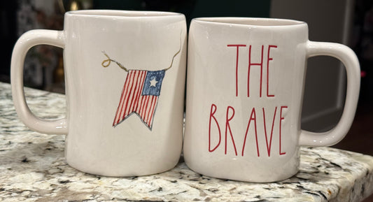 New Rae Dunn Americana ceramic coffee mug BRAVE flag banner back