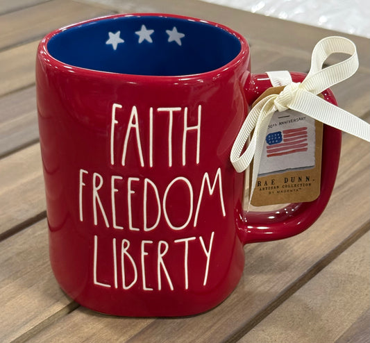 New Rae Dunn red ceramic July 4th coffee mug FAITH FREEDOM LIBERTY