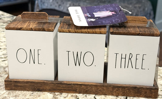 New Rae Dunn wood storage caddy block set ONE TWO THREE