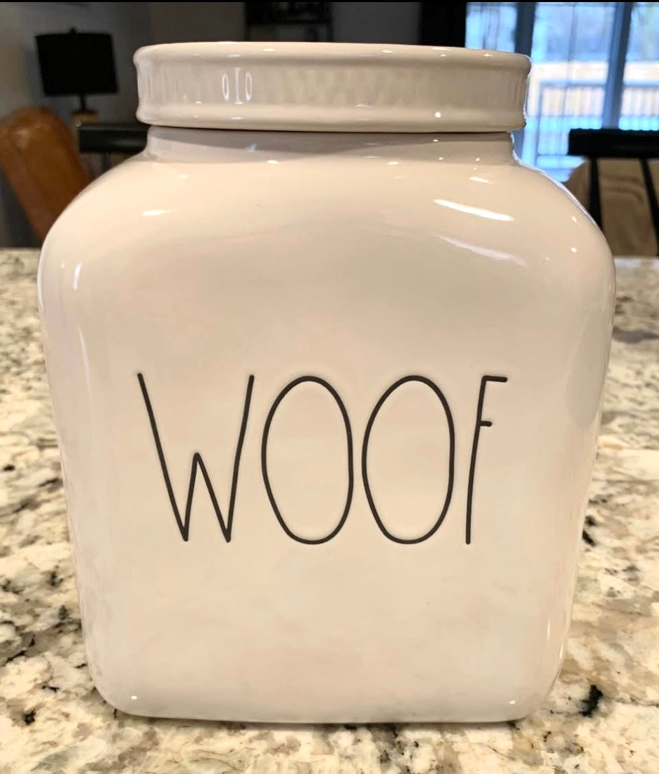 New Rae Dunn ceramic dog storage canister WOOF