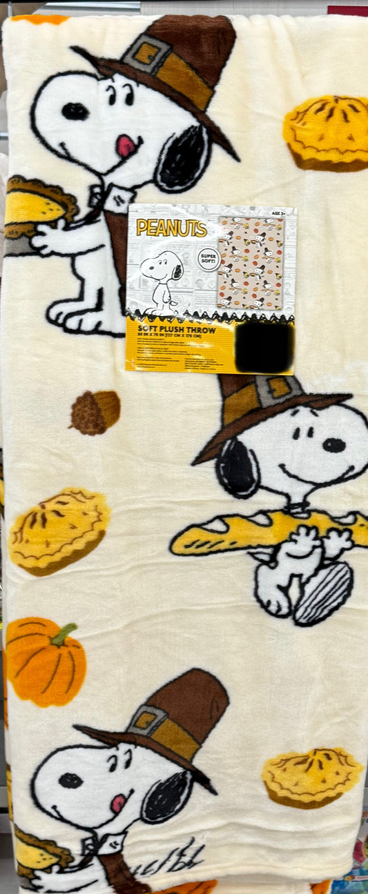 New Peanuts fall Snoopy throw blanket 50x70 Thanksgiving pie/bread yellow