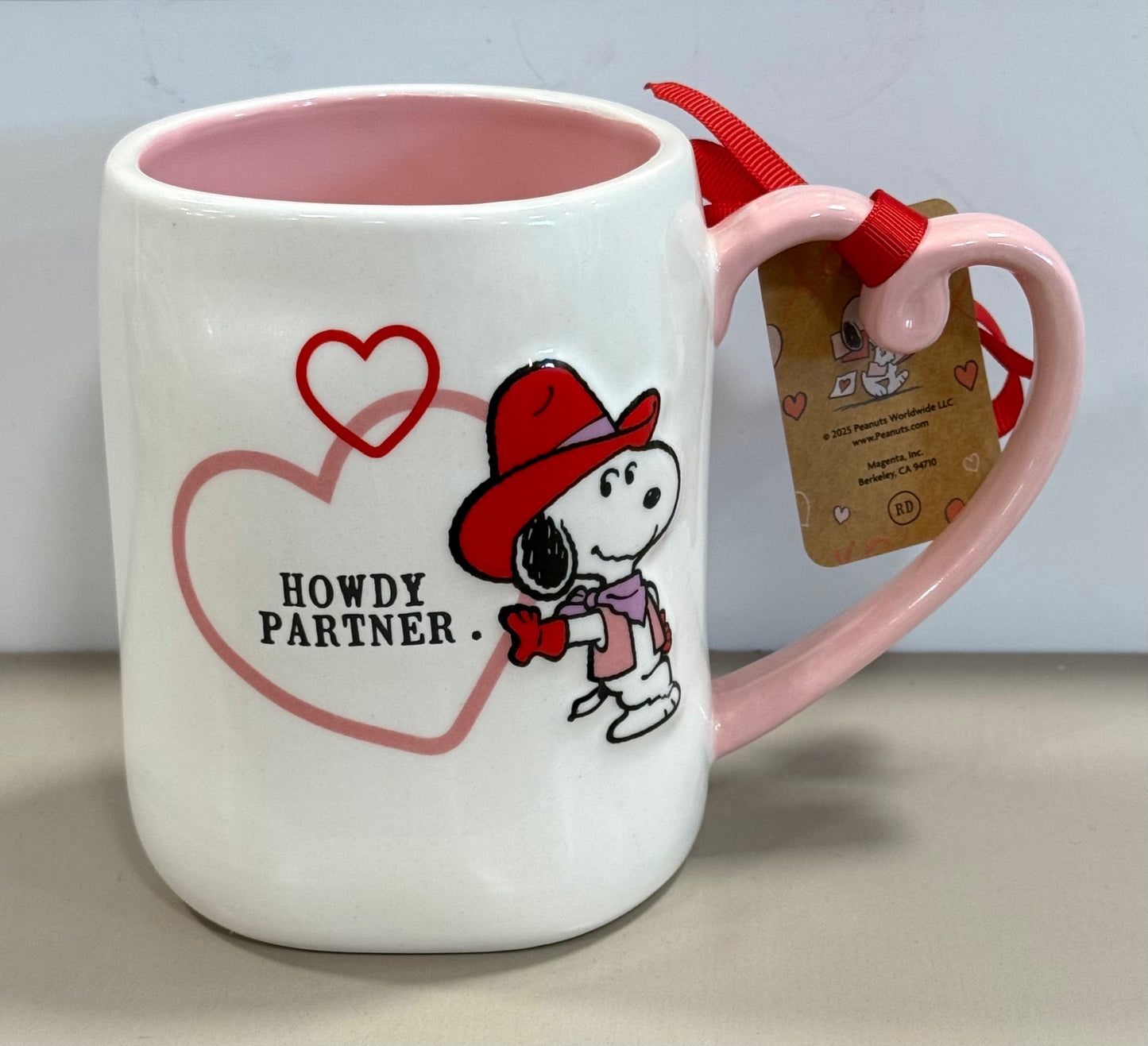 New Rae Dunn x Peanuts Snoopy Valentine’s Day heart handled coffee mug pink interior HOWDY PARTNER.
