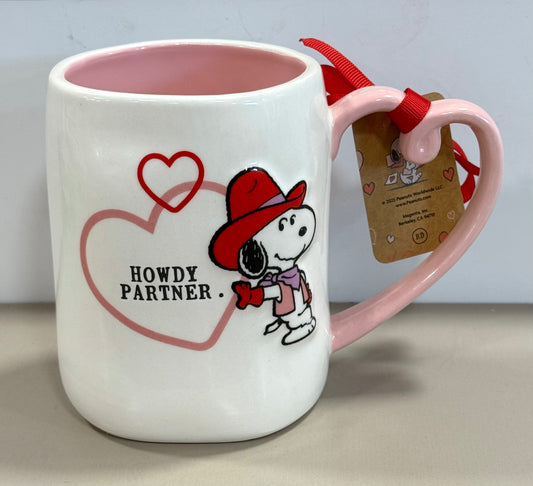 New Rae Dunn x Peanuts Snoopy Valentine’s Day heart handled coffee mug pink interior HOWDY PARTNER.