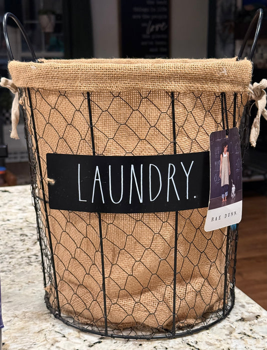 New Rae Dunn metal wire lined LAUNDRY basket 15” from handles