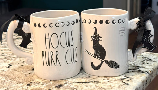 New Rae Dunn white ceramic Halloween coffee cat mug HOCUS PURR CUS