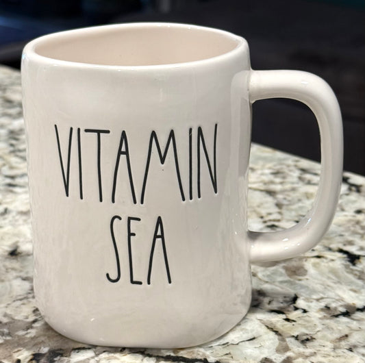 New Rae Dunn white ceramic coffee mug- seahorse back VITAMIN SEA