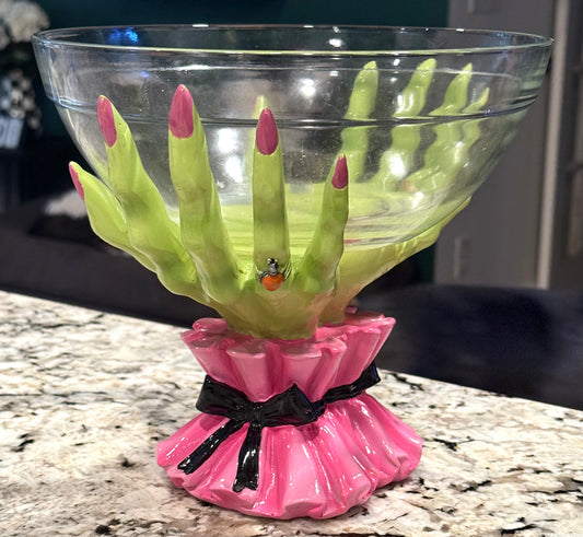 New large glass pink and green witches hands Halloween candy bowl