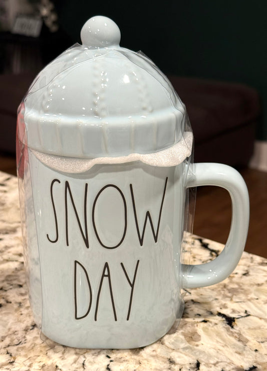 New Rae Dunn blue ceramic Christmas topper mug  SNOW DAY