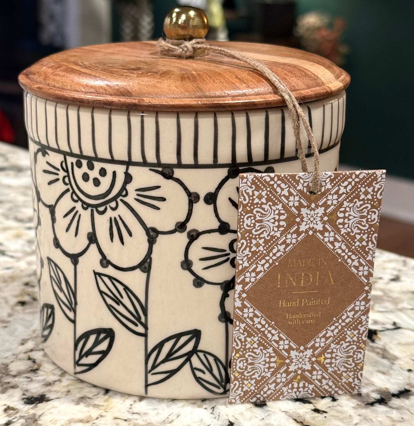 New ceramic Made In India black floral canister 5”