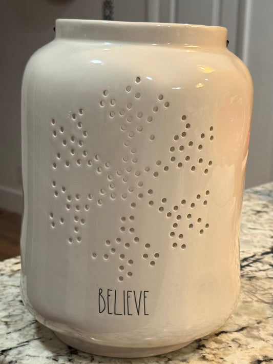 New Rae Dunn white ceramic large BELIEVE candle luminary