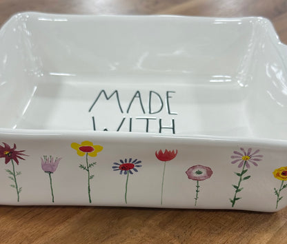 New Rae Dunn white floral ceramic baking dish MADE WITH LOVE
