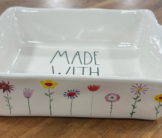 New Rae Dunn white floral ceramic baking dish MADE WITH LOVE