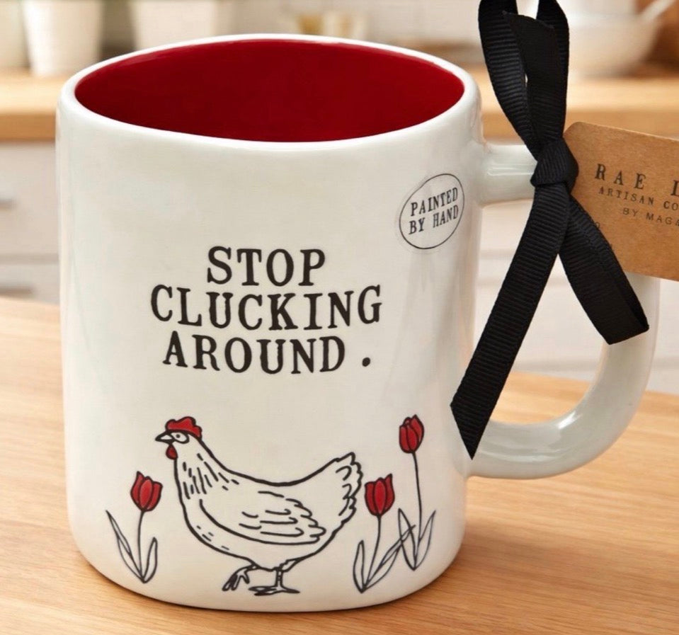 New release Rae Dunn farmline white ceramic coffee mug STOP CLUCKING AROUND