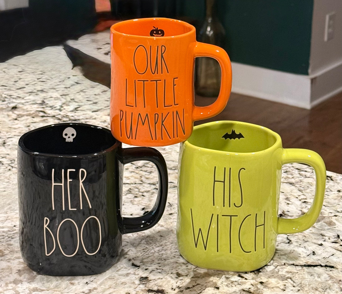 New Rae Dunn 3-piece ceramic Halloween coffee mug HER BOO, HIS WITCH, OUR LITTLE PUMPKIN