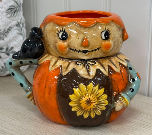 New Joanna Parker ceramic scarecrow coffee mug fall decor- flower belly