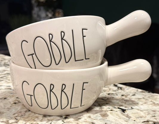 New Rae Dunn white ceramic fall handled bowl set GOBBLE