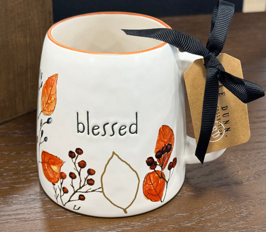 New Rae Dunn white fall floral ceramic coffee mug blessed