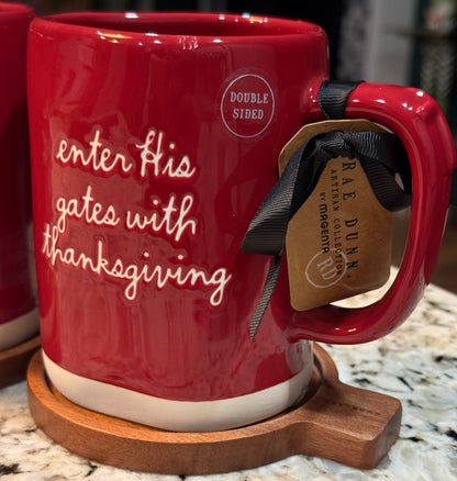New Rae Dunn red iridescent ceramic coffee mug ENTER HIS GATES WITH THANKSGIVING AND COURTS WITH PRAISE!