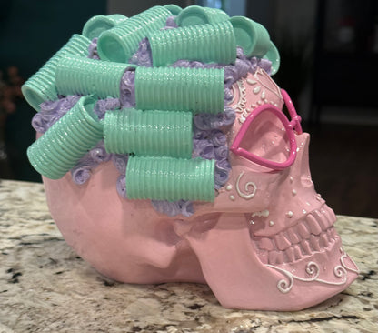 New pink Halloween skull lady with hair curlers 7x6.5