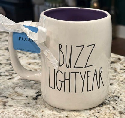 New Rae Dunn x Pixar’s Toy Story white ceramic coffee mug BUZZ LIGHTYEAR purple interior