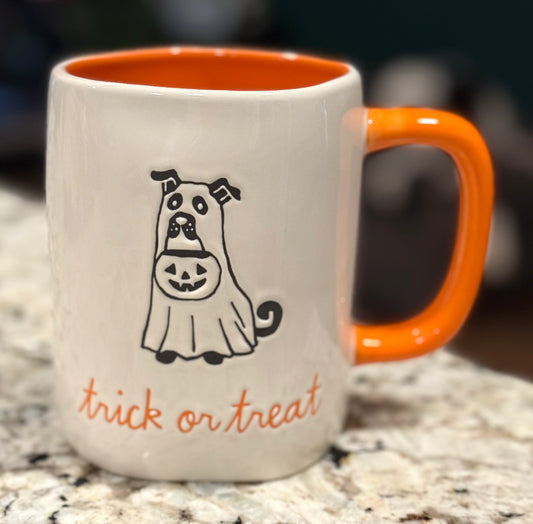 New Rae Dunn white ceramic Halloween ghost dog coffee mug TRICK OR TREAT