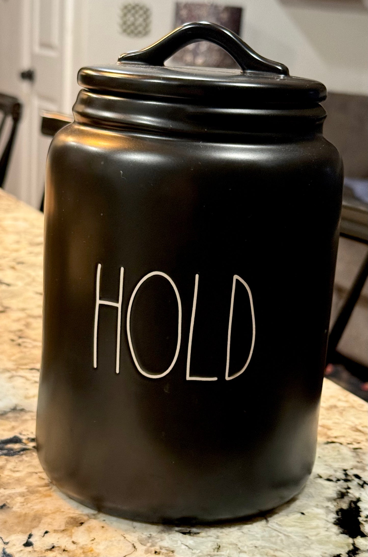 New Rae Dunn black ceramic 9” HOLD canister