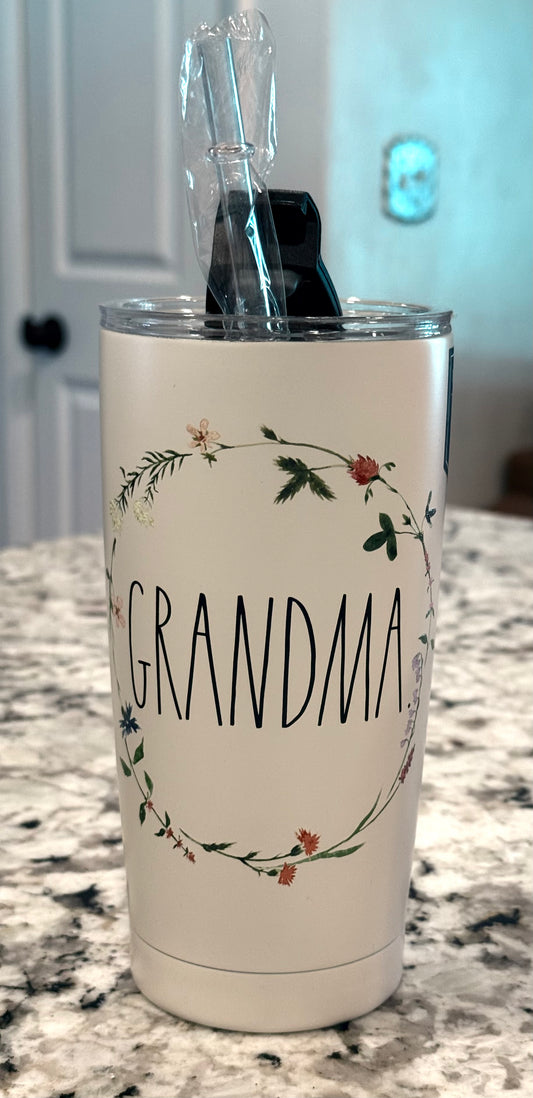 New white floral insulated stainless tumbler 17oz GRANDMA