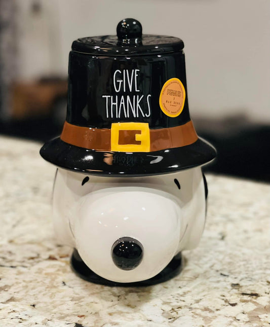 New Rae Dunn x Peanuts ceramic Snoopy Thanksgiving cookie jar GIVE THANKS