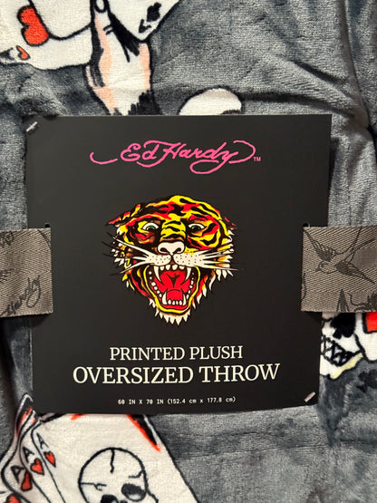 New gray Ed Hardy oversized Ace of Hearts card/skeleton throw blanket 60x70