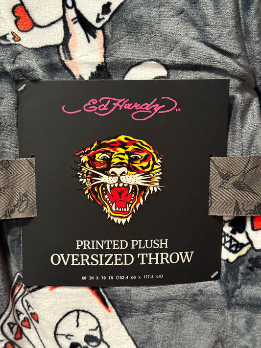 New gray Ed Hardy oversized Ace of Hearts card/skeleton throw blanket 60x70