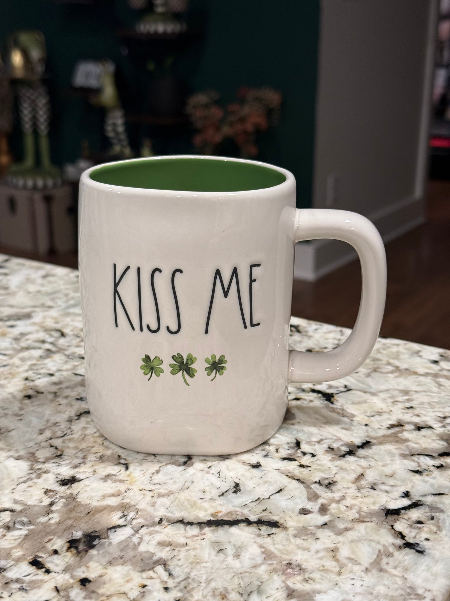 New Rae Dunn St. Patrick’s Day ceramic coffee mug , watercolor shamrocks KISS ME