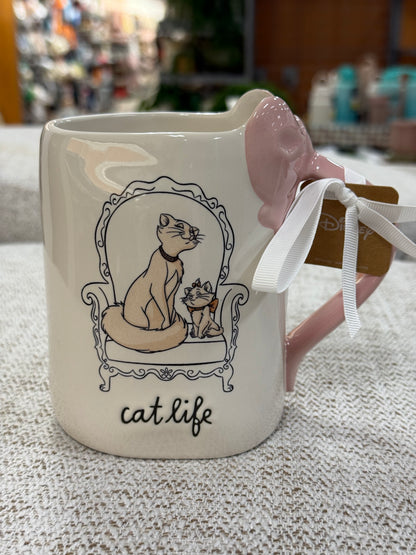 New Rae Dunn white ceramic Aristocats coffee mug CAT LIFE