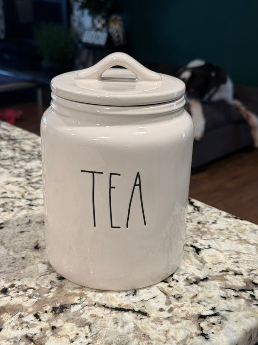 New Rae Dunn 8” TEA ceramic white flat lid canister