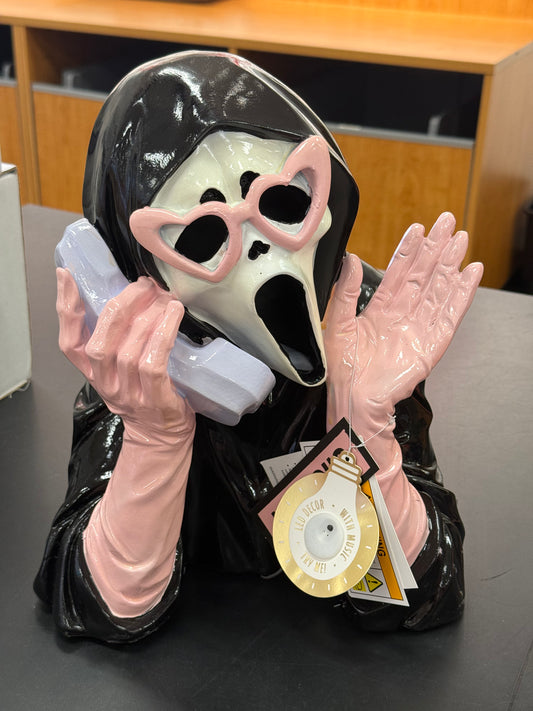 New Goulish resin light up Halloween decor pink & black Scream girl on phone decor
