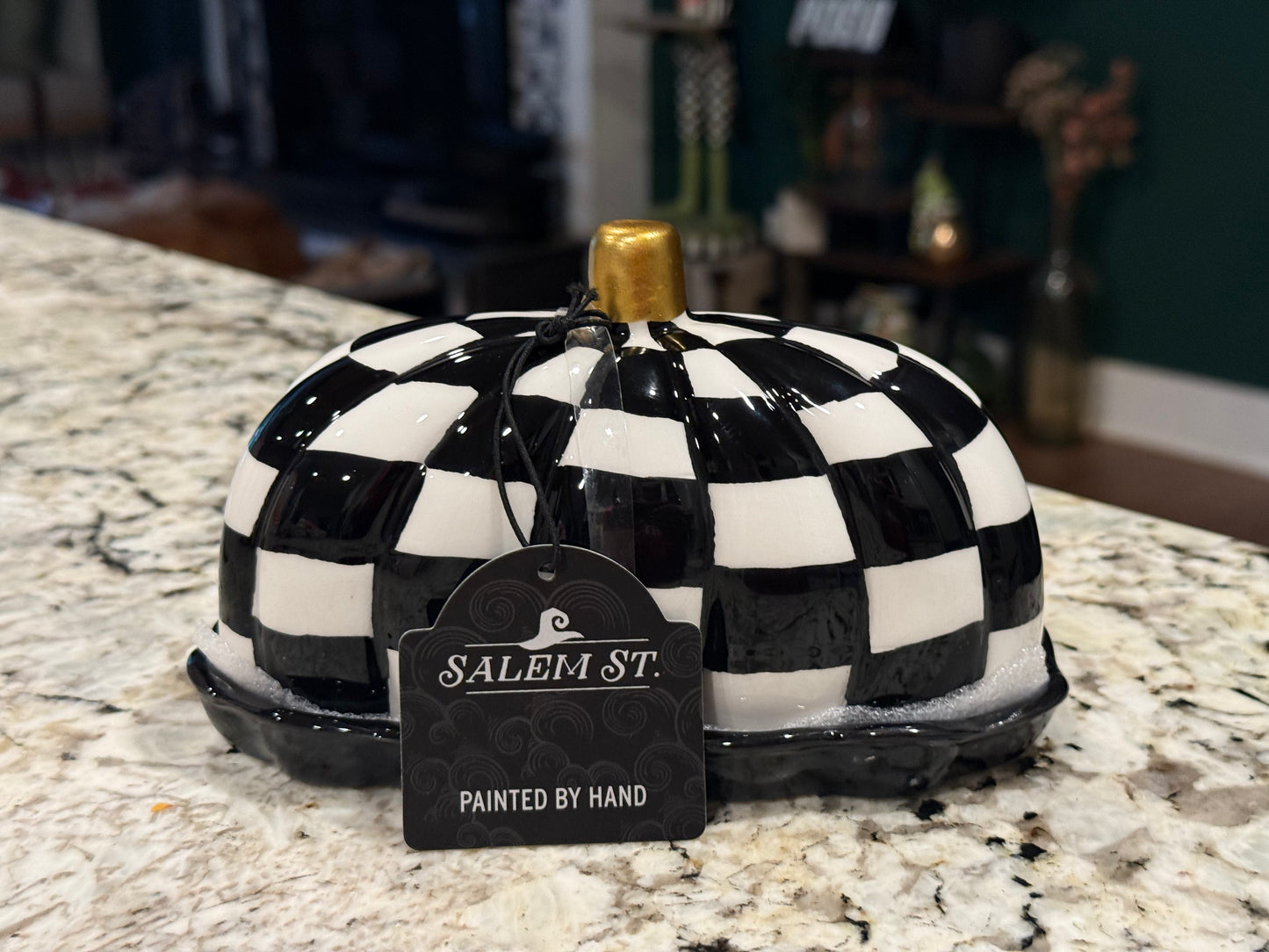 New black and white ceramic check checkered pumpkin butter dish