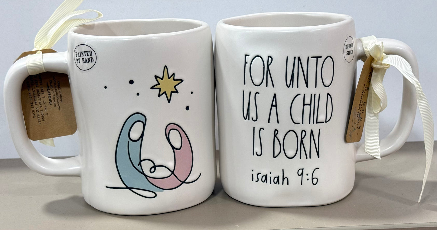 New Rae Dunn white ceramic holiday religious mug FOR UNTO US A CHILD BORN (1)