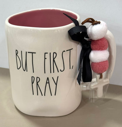 New Rae Dunn white ceramic religious mug BUT FIRST, PRAY with cross charm