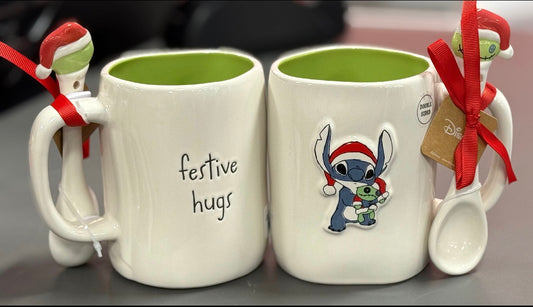 New Rae Dunn white ceramic coffee mug Lilo and Stich FESTIVE JOY green interior