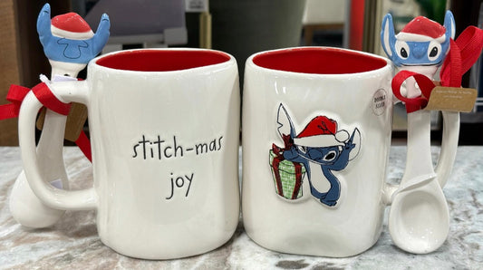 New Rae Dunn x Lilo & Stitch ceramic Christmas mug STITCH-MAS JOY with spoon