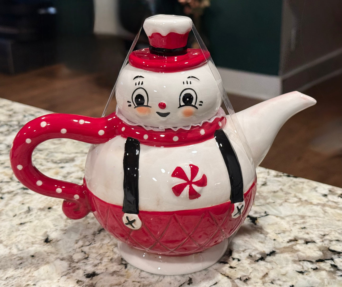 New release Christmas Johanna Parker snowman Christmas teapot suspender pants, polka dot handle