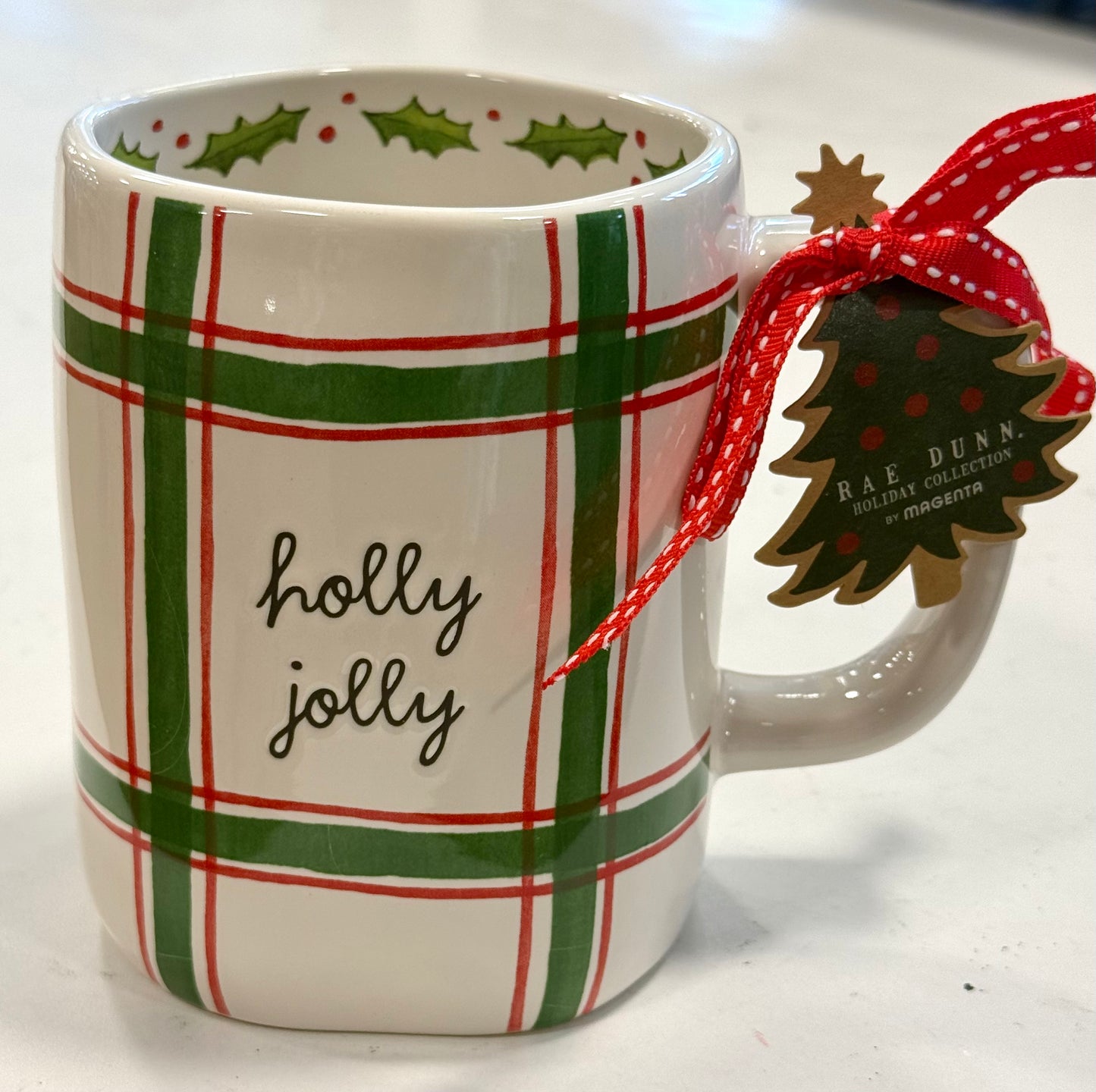 New Rae Dunn ceramic Chris green plaid coffee mug HOLLY JOLLY