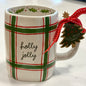New Rae Dunn ceramic Chris green plaid coffee mug HOLLY JOLLY