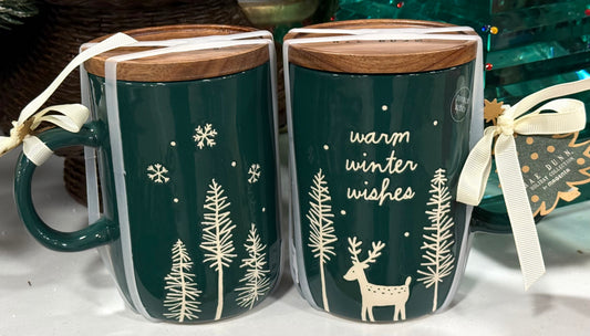 New Rae Dunn green ceramic coaster lid coffee mug WARM WINTER WISHES (1)