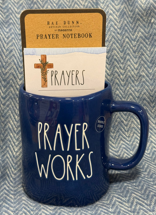 New Rae Dunn blue ceramic coffee mug and PRAYER WORKS notepad gift set