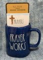 New Rae Dunn blue ceramic coffee mug and PRAYER WORKS notepad gift set