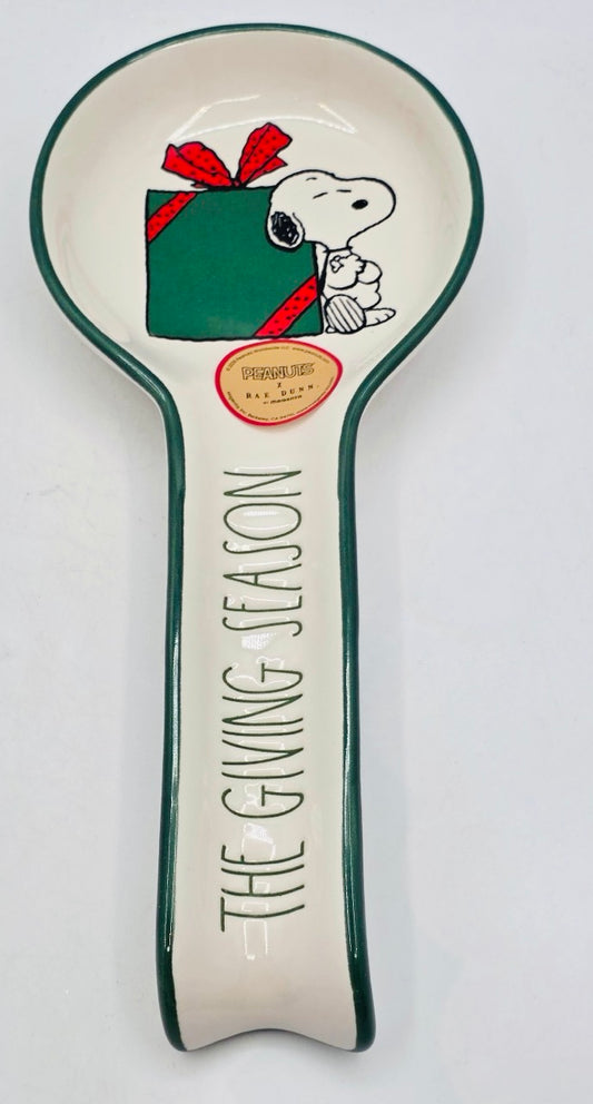 New Rae Dunn x Peanuts ceramic Snoopy Christmas spoon rest THE GIVING SEASON