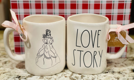 New Rae Dunn Disney Princess coffee mug LOVE STORY Beauty & The Beast