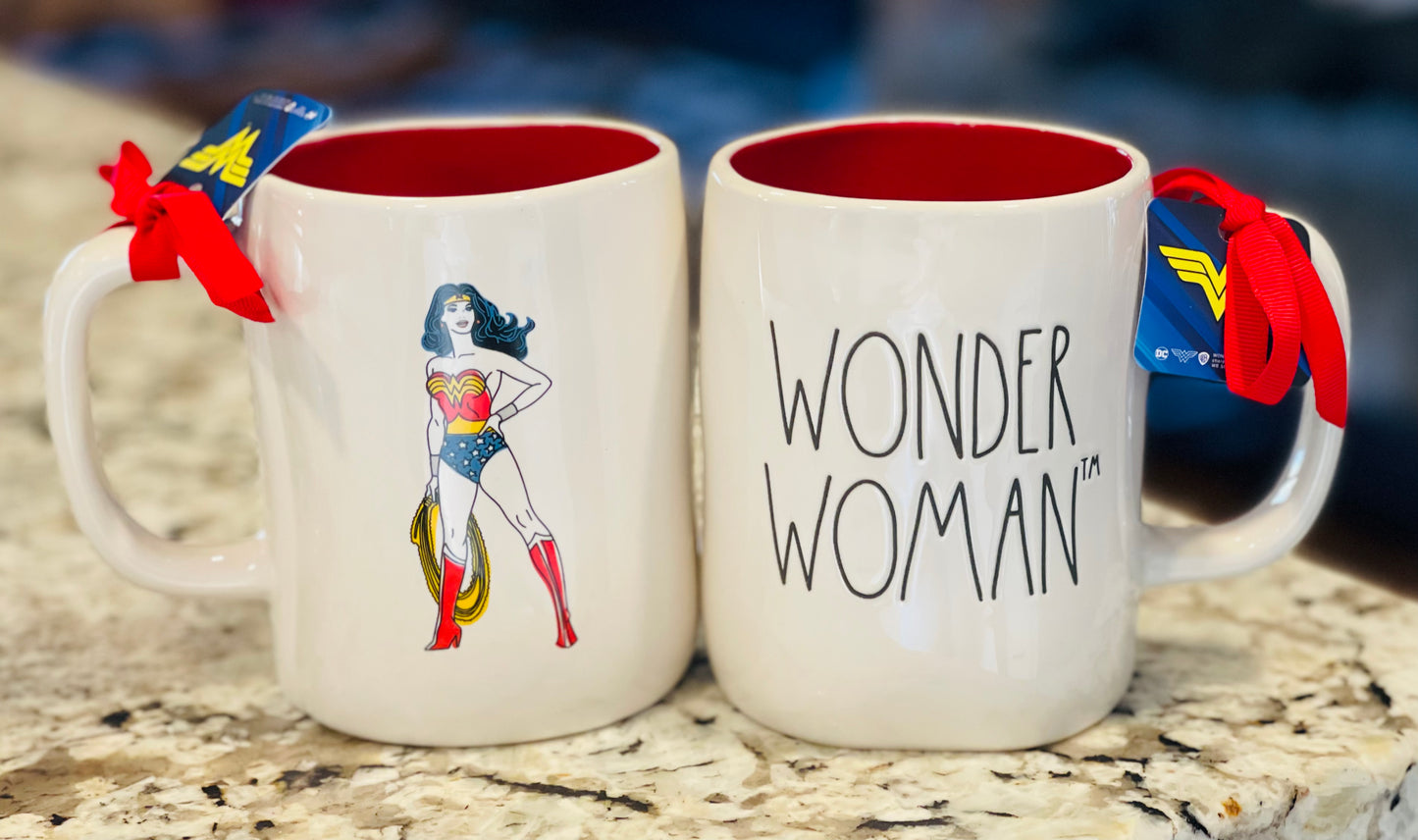 New Rae Dunn white ceramic coffee mug WONDER WOMAN red interior