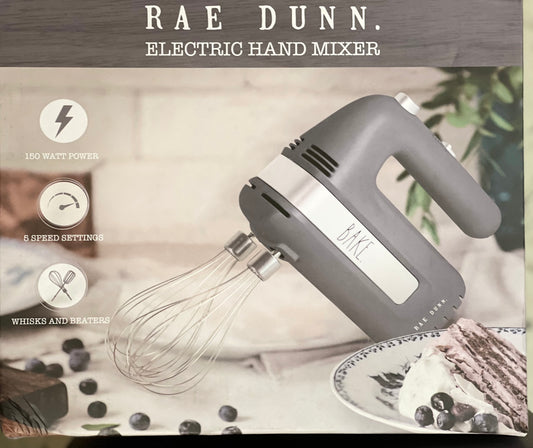 Rae Dunn Electric Hand Mixer for Kitchen with Beaters and Whisk Attachments for Cooking and Baking, Gray